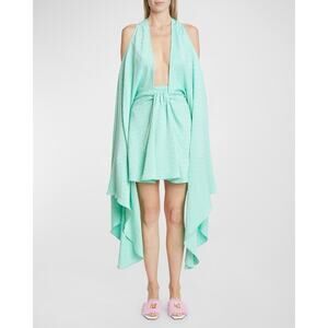 BALMAIN $4150 MONOGRAM CAPE-SLEEVE COLD-SHOULDER MINI KAFTAN DRESS New 40/US 8
